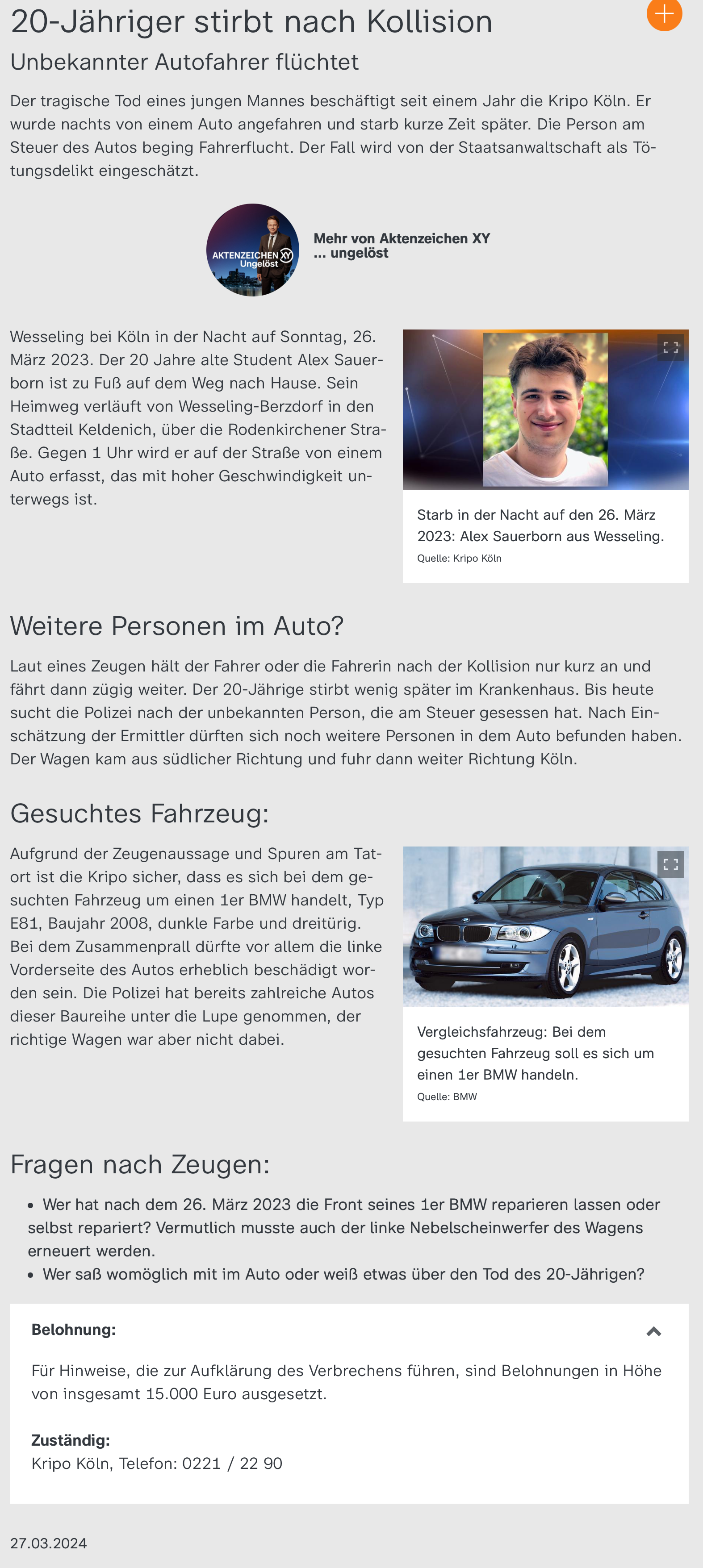 Der Text zur Fahndung über Aktenzeichen XY ungelöst
